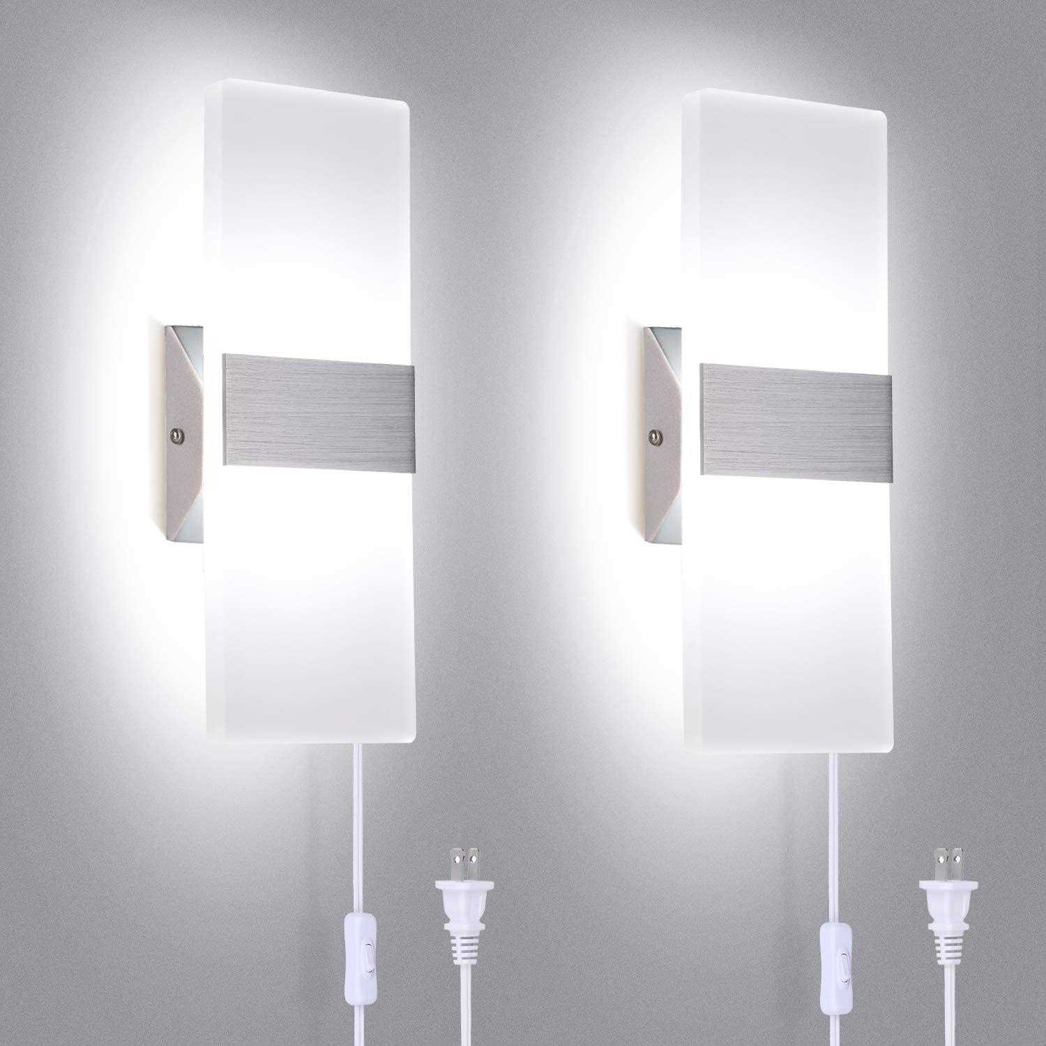 TRLIFE Modern Wall Sconces Set of 2, Wall Sconce Plug in 12W LED 6000K Cool White Acrylic Wall Mounted Light Wall Lights with 6FT Plug in Cord and On