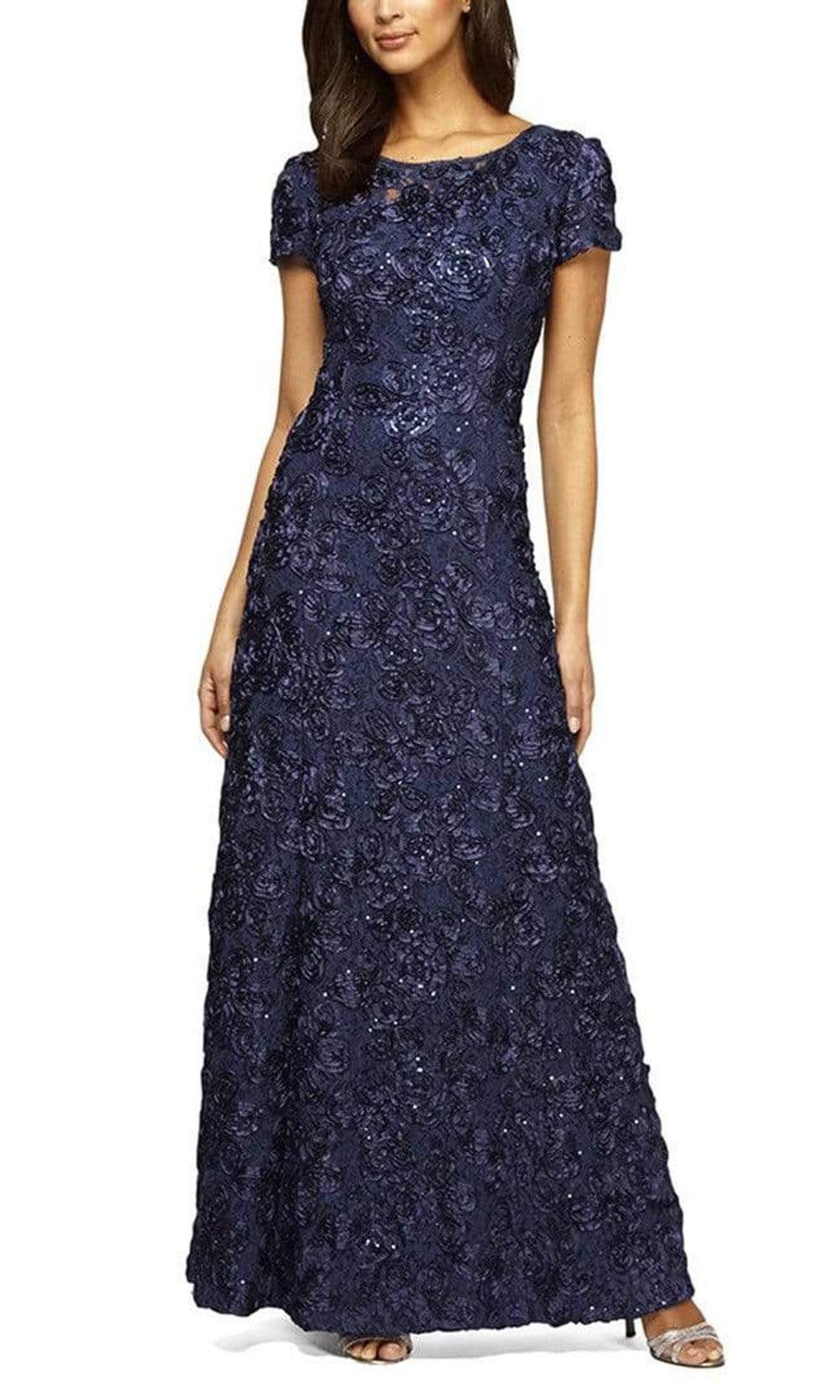 112788 Soutache Lace Sequin Short Sleeve A-Line Gown