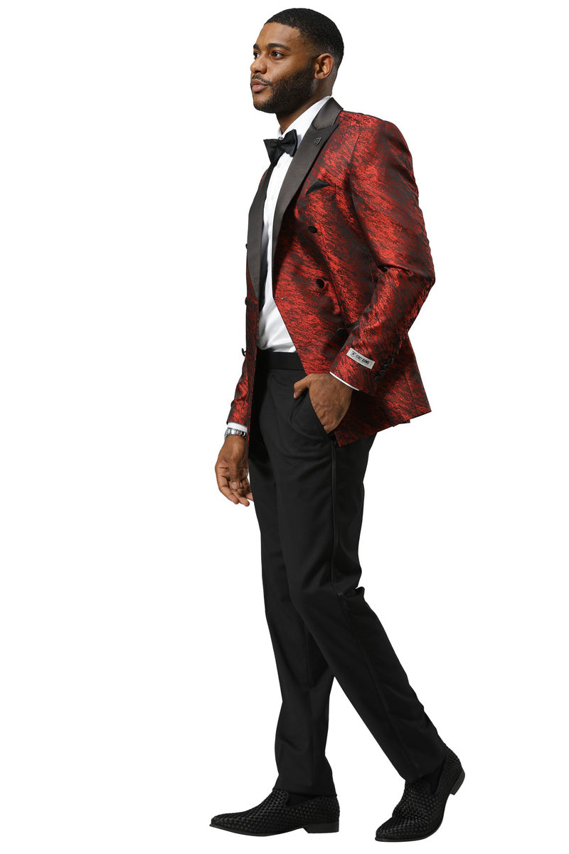Men’s Stacy Adams Double Breasted Wedding & Prom Tuxedo Jacket in Textured Shiny Red Sharkskin