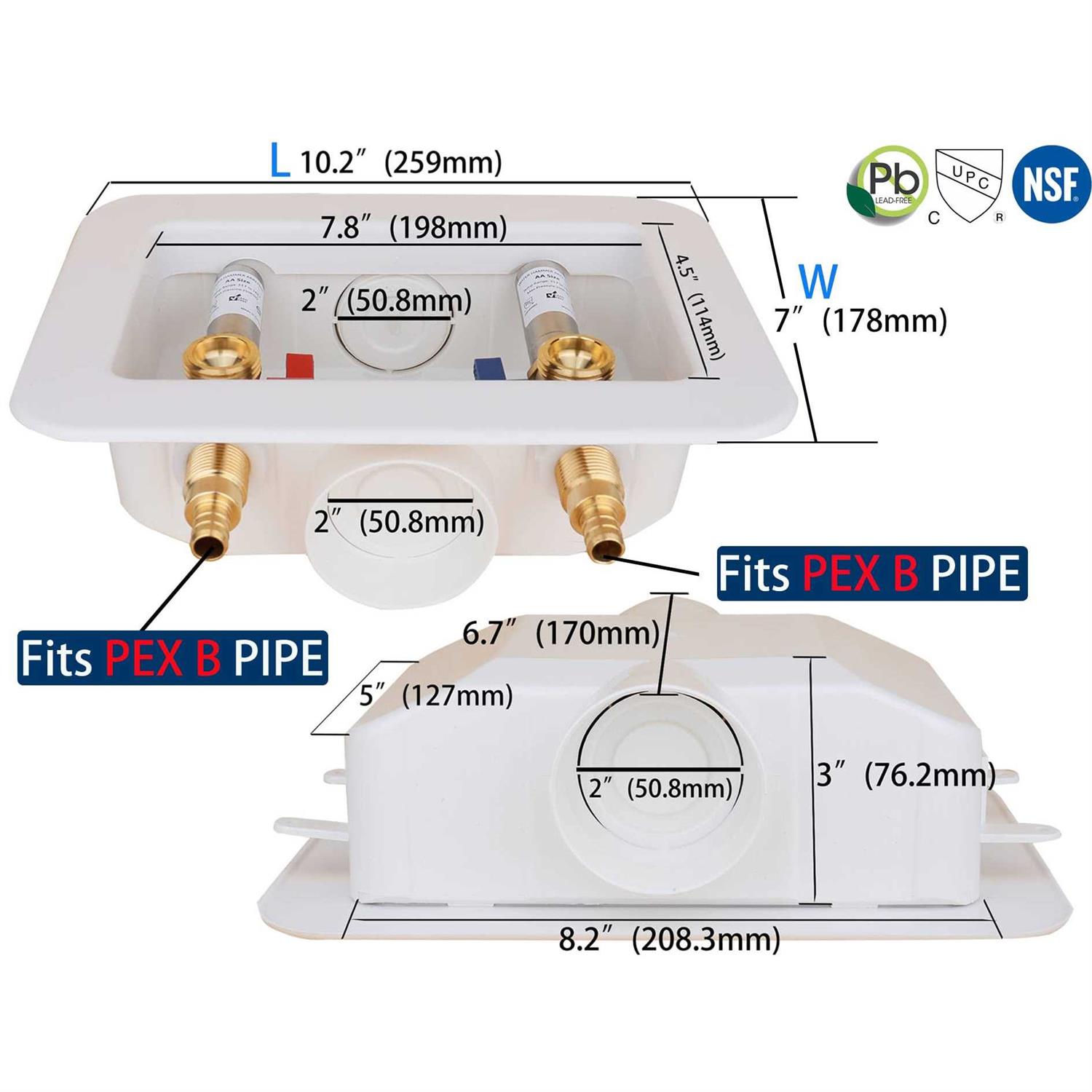 Whk Washing Machine Outlet Box,Pex Laundry Box Washer Wall Box With Drain Recessed Water Valve Box Center Double Drain 1/2-inch Crimp Pex B,PVC