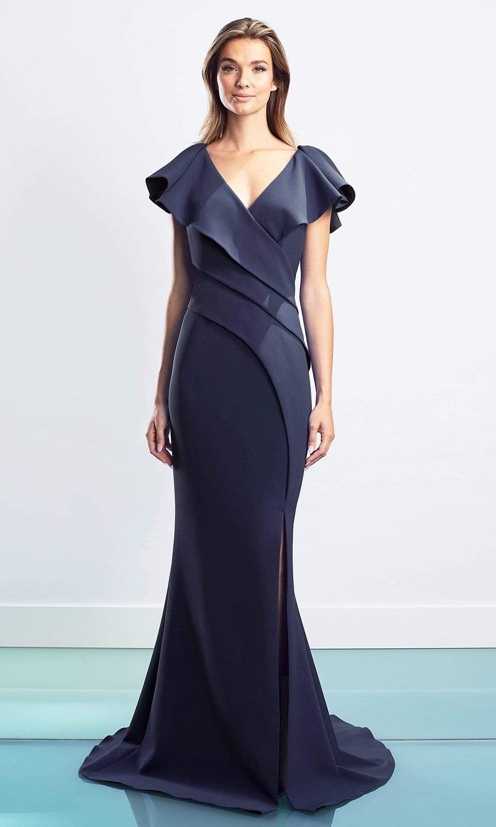 1456 Cap Sleeves V-Neck Trumpet Gown With Slit