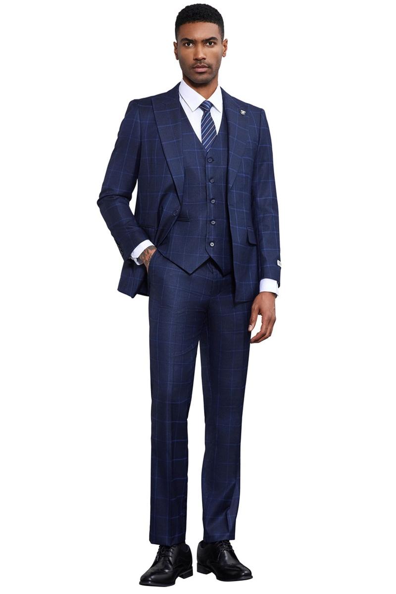 Men’s Stacy Adams Classic One Button Vested Windowpane Suit in Navy Blue