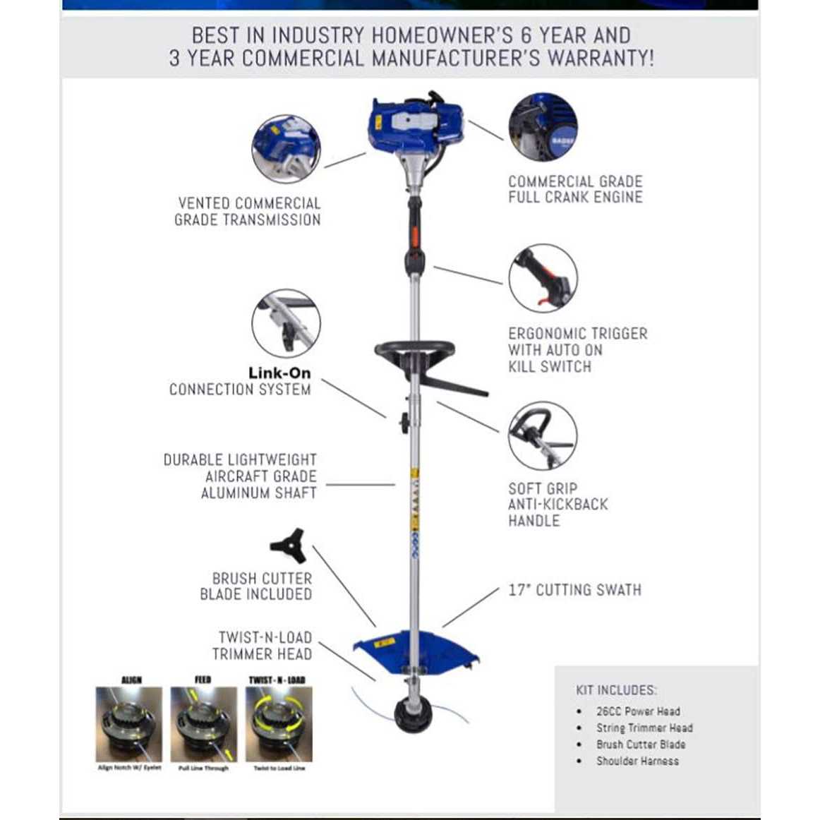 Wild Badger Power Badger 26cc Full Crank Gas 2-Cycle 2-in-1 Straight Shaft Grass Trimmer