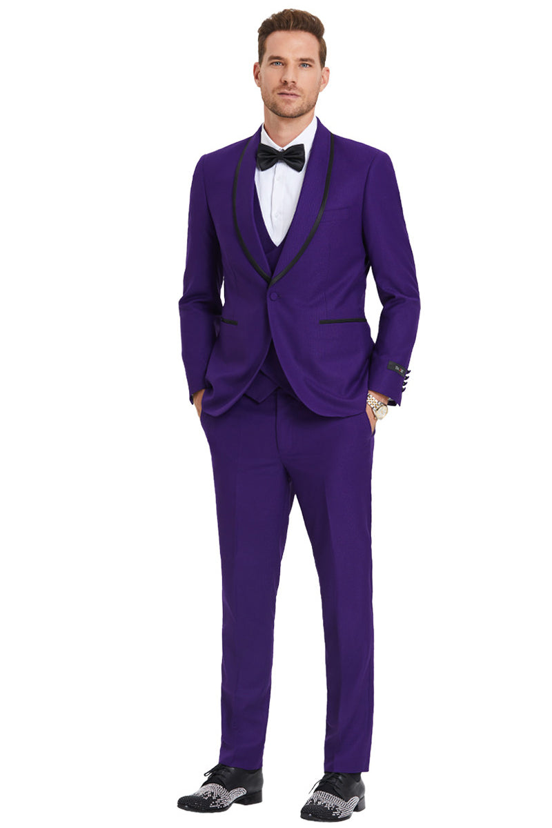Men’s One Button Vested Shawl Tuxedo in Purple Birdseye with Black Satin Trim