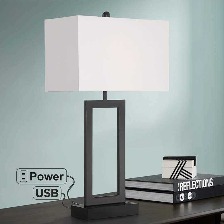 360 Lighting Modern Table Lamp with USB and AC Power Outlet 30 Tall Black Metal White Rectangle Shade for Living Room Bedroom House