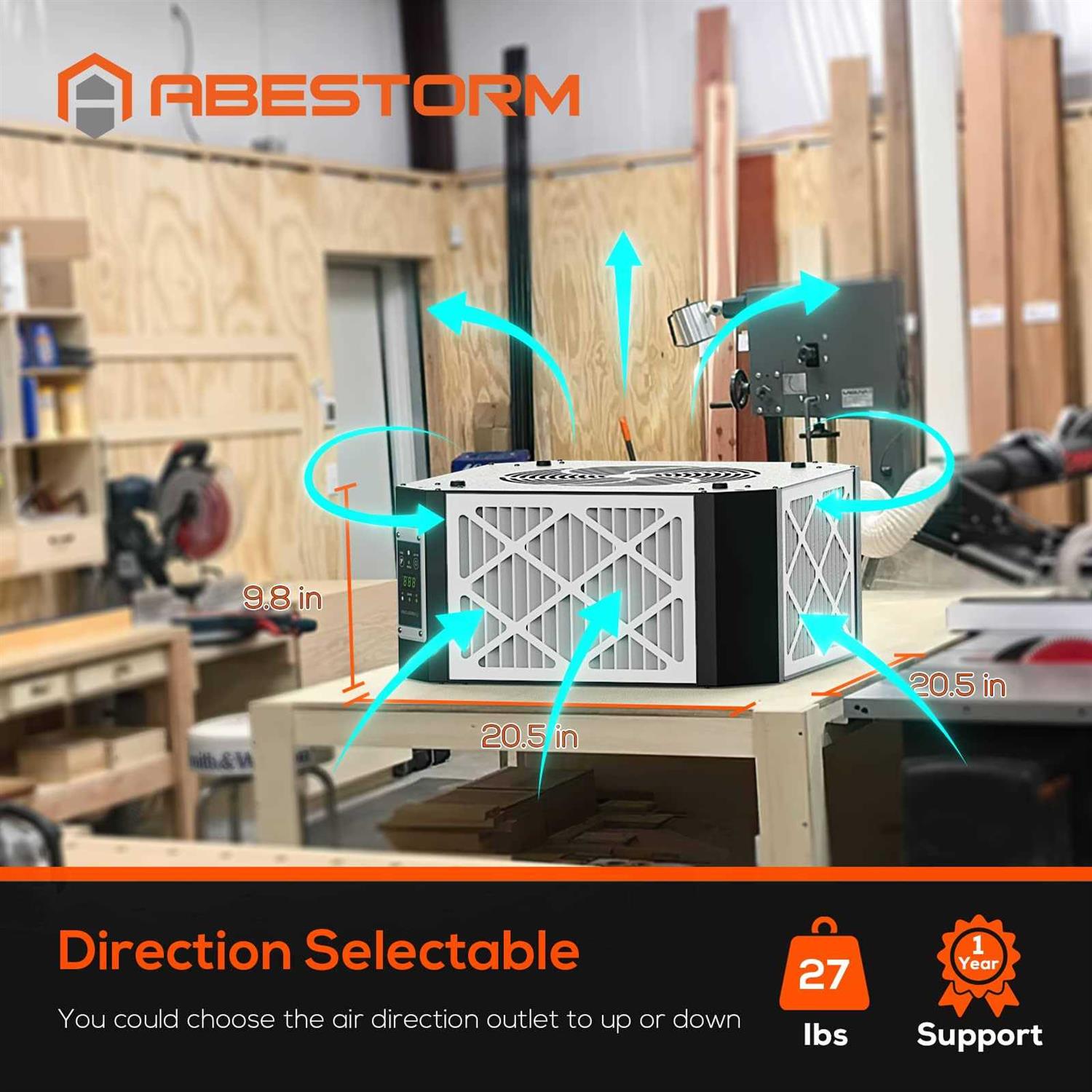ABESTORM 360 Degree Intake Air Filtration System Woodworking Hanging Air Filter with Strong Vortex Fan for Wood Workshop