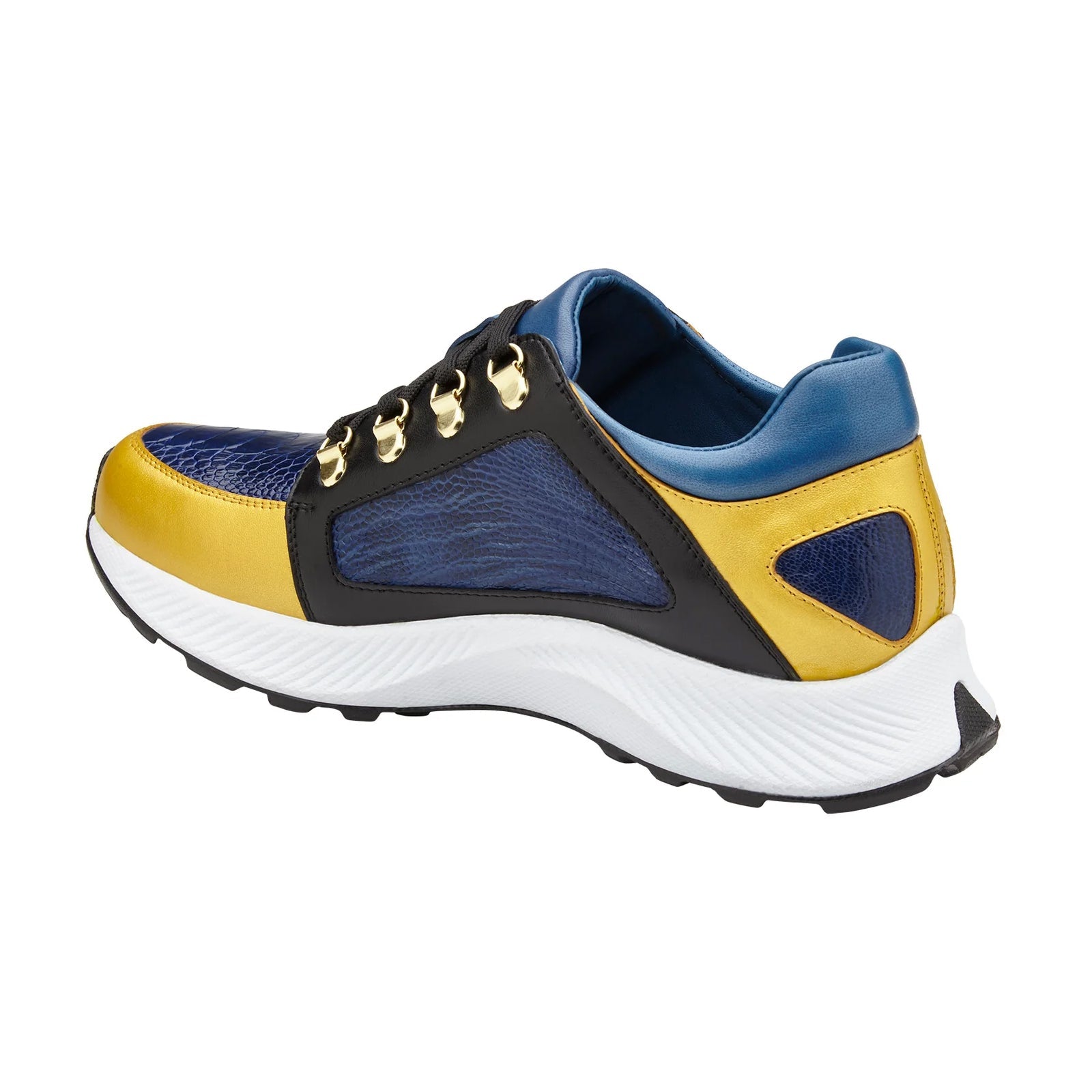 Men’s Belvedere Adam Ostrich & Italian Calfskin Sneaker in Gold, Blue & Black