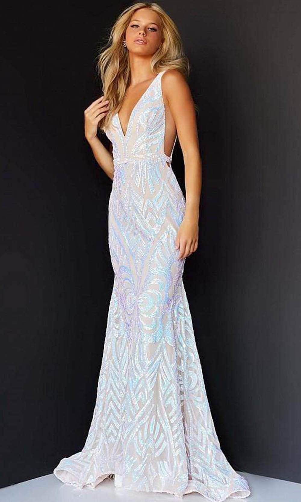 02753 Plunging Neck Open Back Sequin Embellished Mermaid Gown