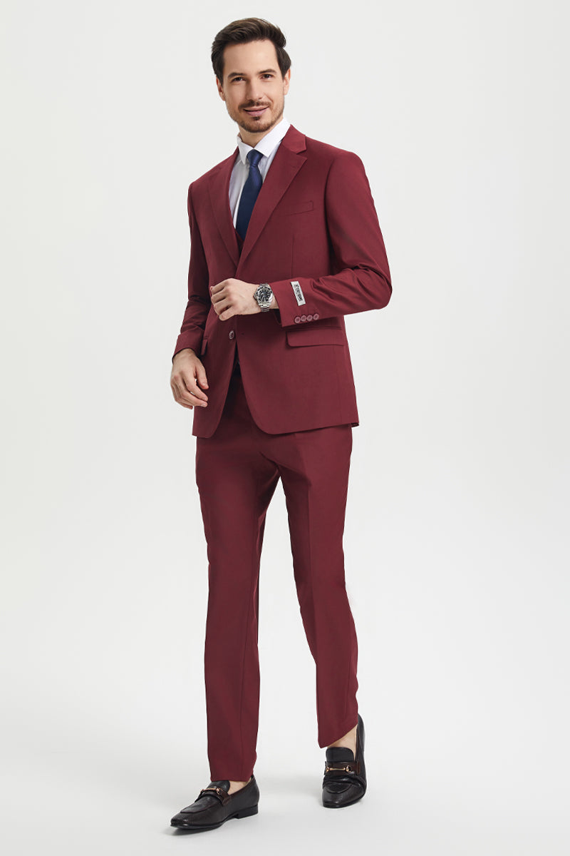 Men’s Two Button Vested Stacy Adams Basic Designer Suit in Burgundy