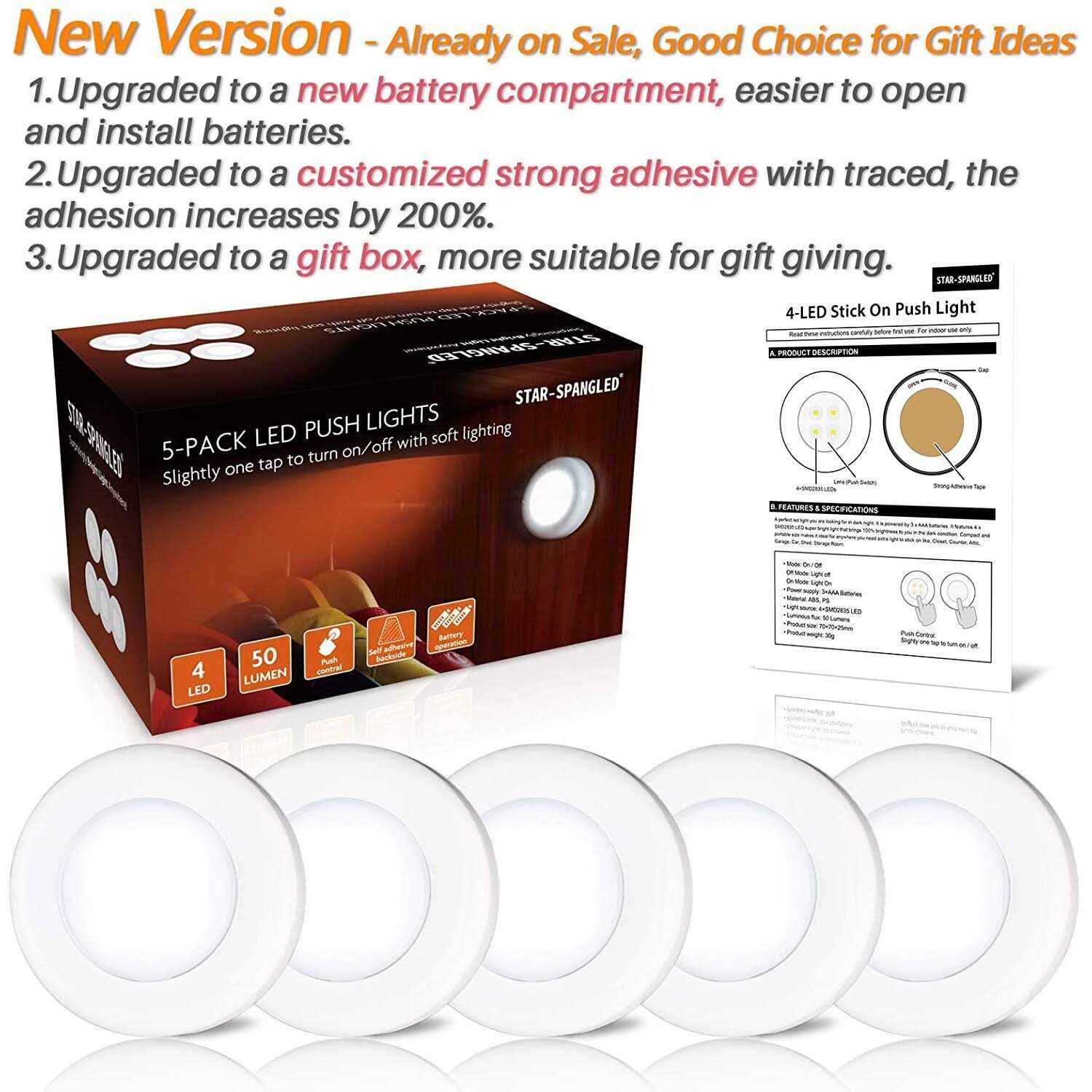 Tap Light Push Lights STAR-SPANGLED Mini Night Touch Light LED Puck Lights Portable Under Cabinet Lighting Battery Operated Powered DIY Stick On