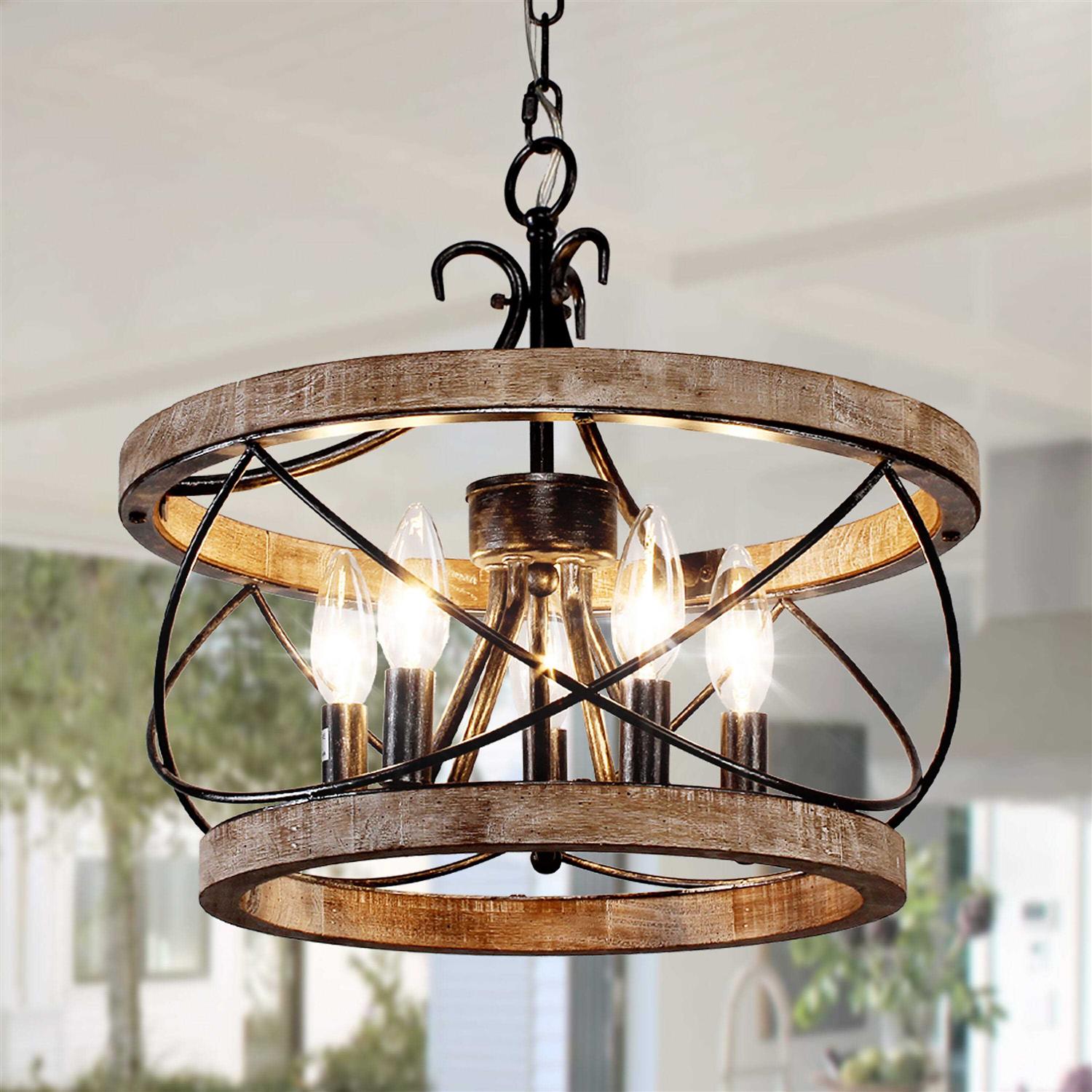 Bella Depot 5-Light Rustic Cage Wood Chandelier Dimmable Lighting FC4059-5H