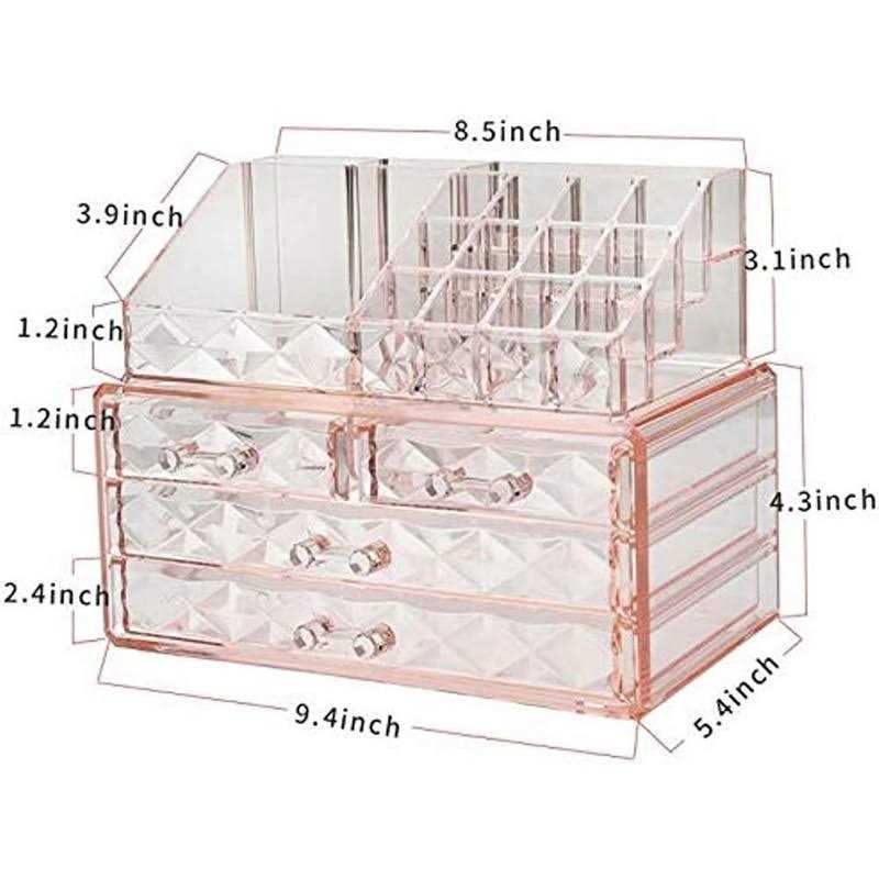 ZHIAI Jewelry and Cosmetic Boxes with Brush Holder Pink Diamond Pattern Storage Display Cube Including 4 Drawers and 2 Pieces Set