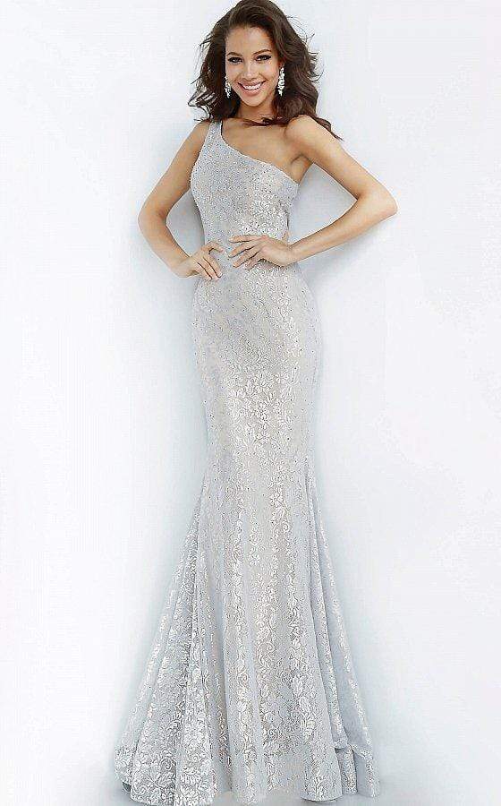 00353 One Shoulder Stretch Metallic Lace Trumpet Dress