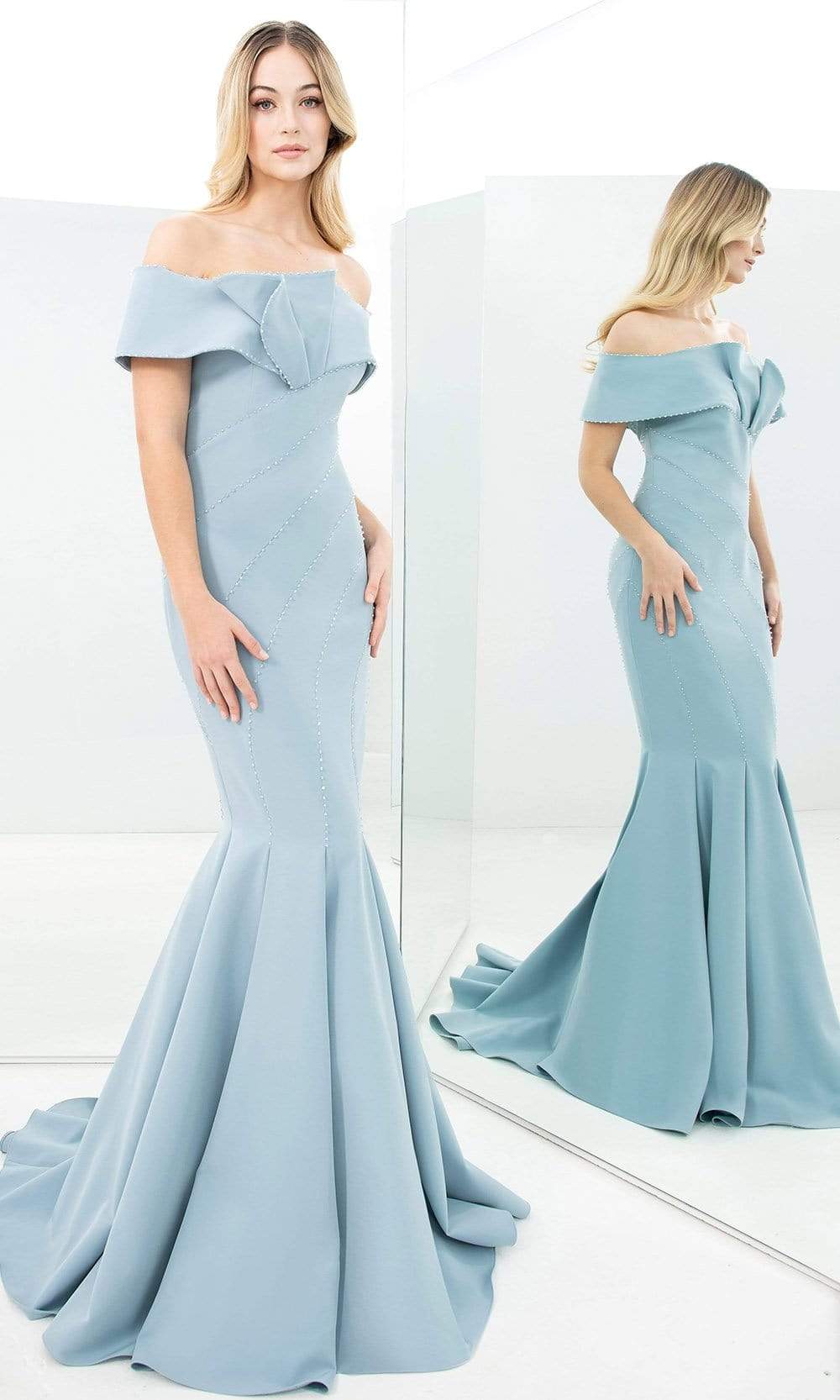 1359 Off Shoulder Jersey Trumpet Gown