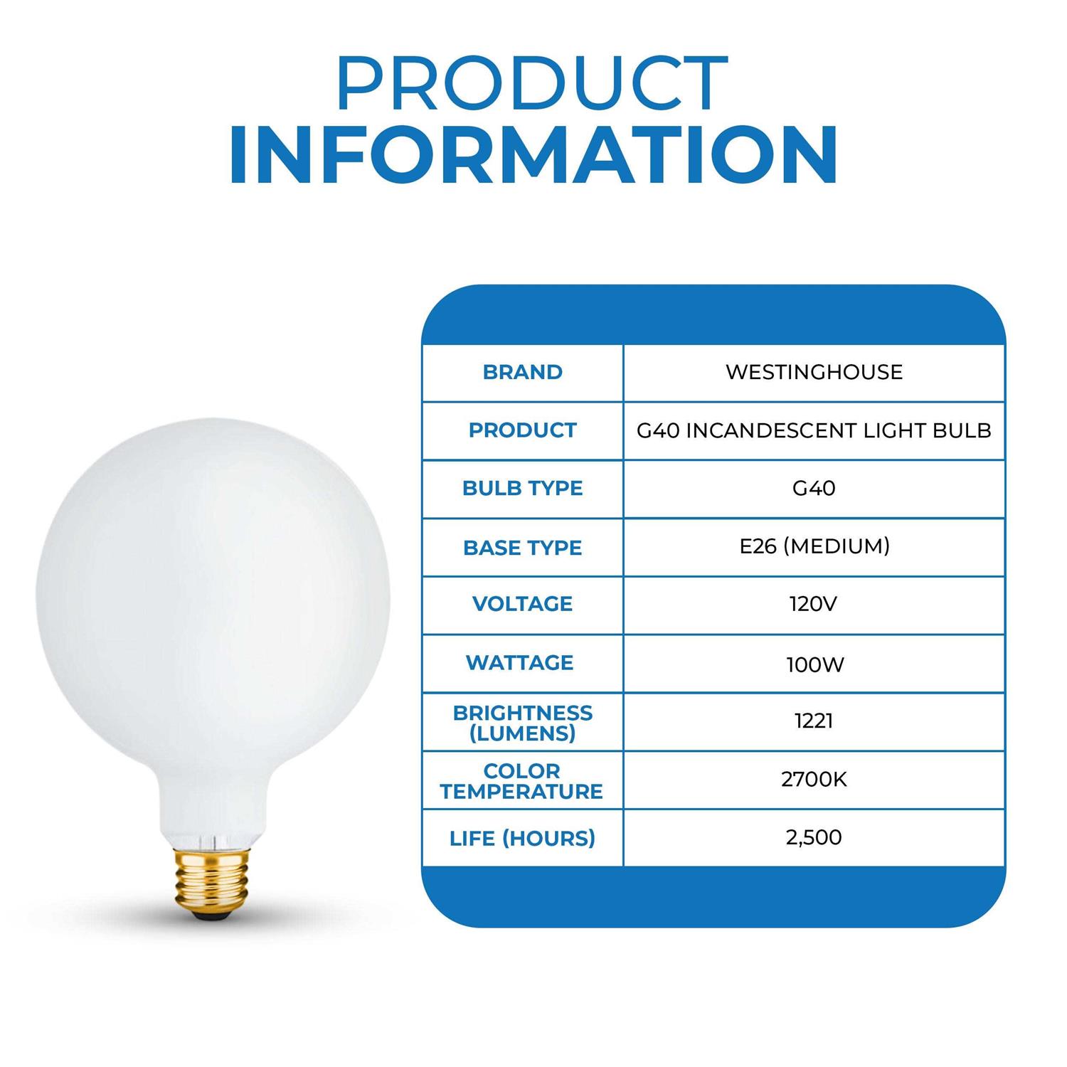 Westinghouse 0310800 100 Watt G40 Incandescent Light Bulb, Grey