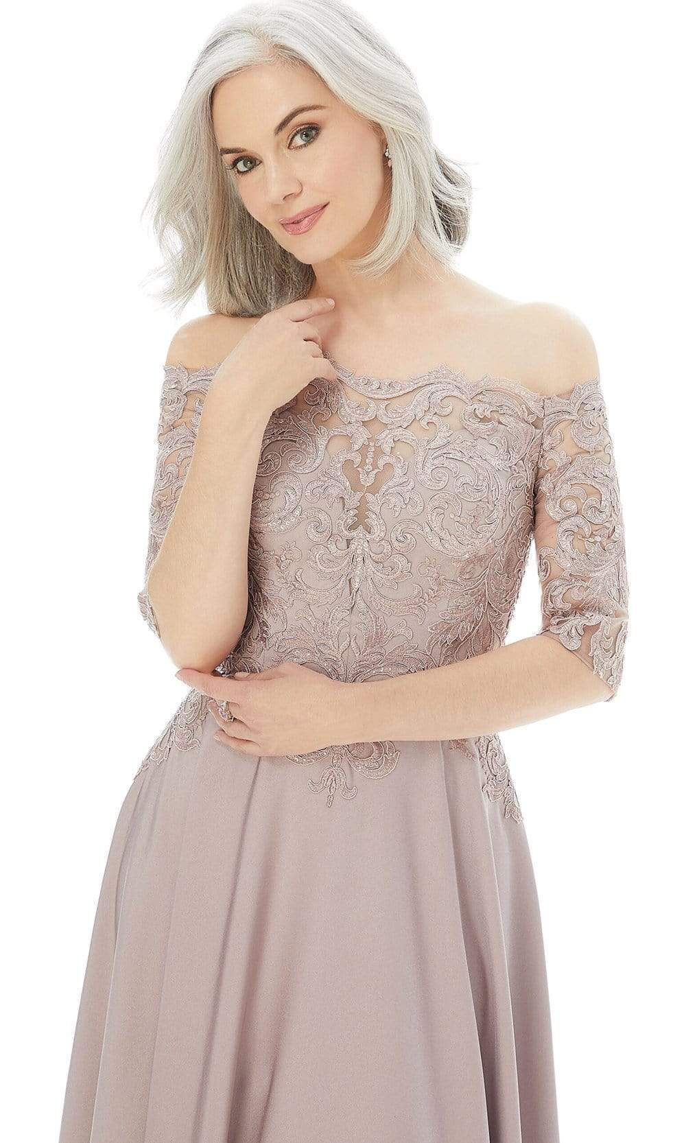 72220 Off Shoulder Embroidered Lace Crepe Gown