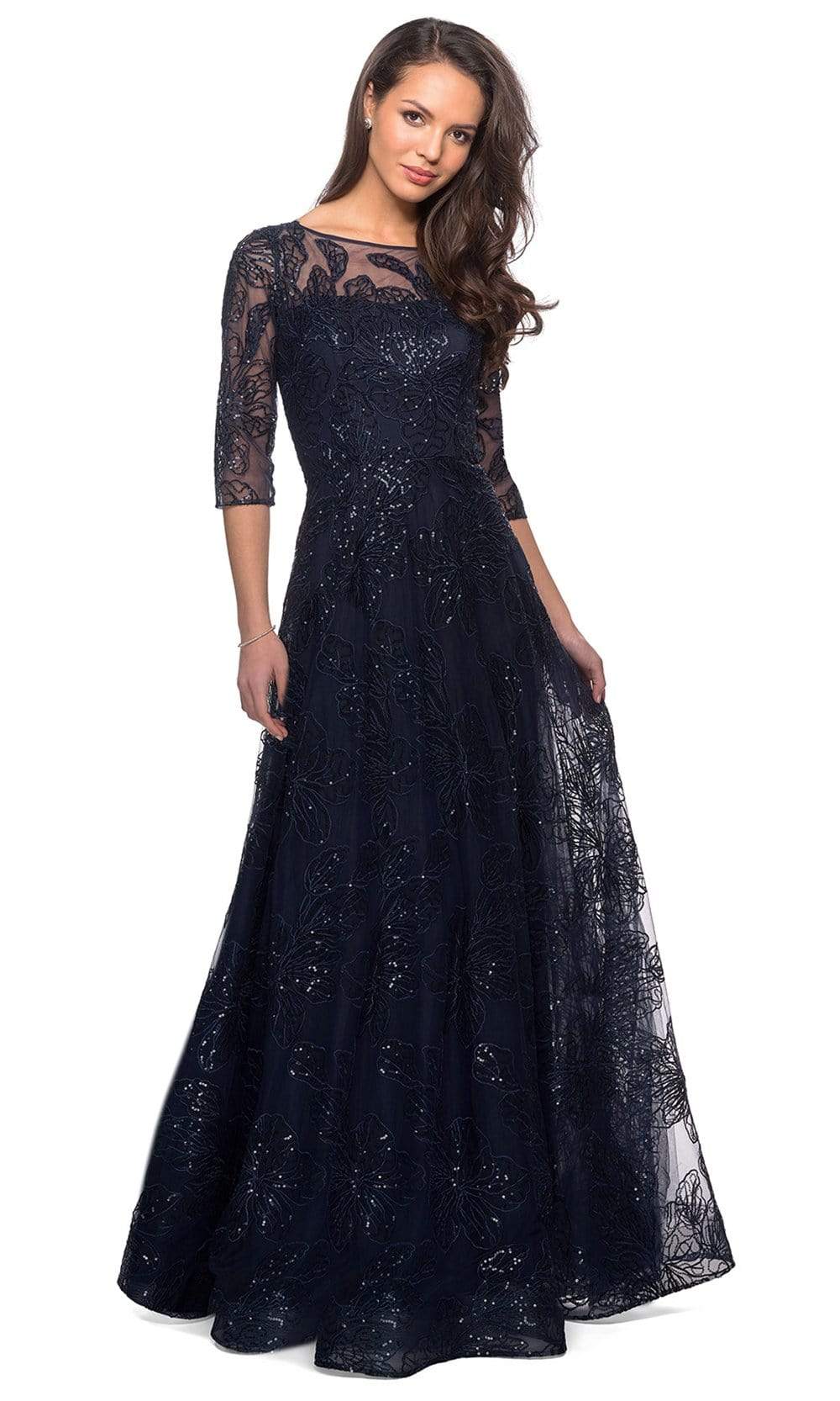 27942 Quarter Sleeve Sequined Lace A-Line Dress