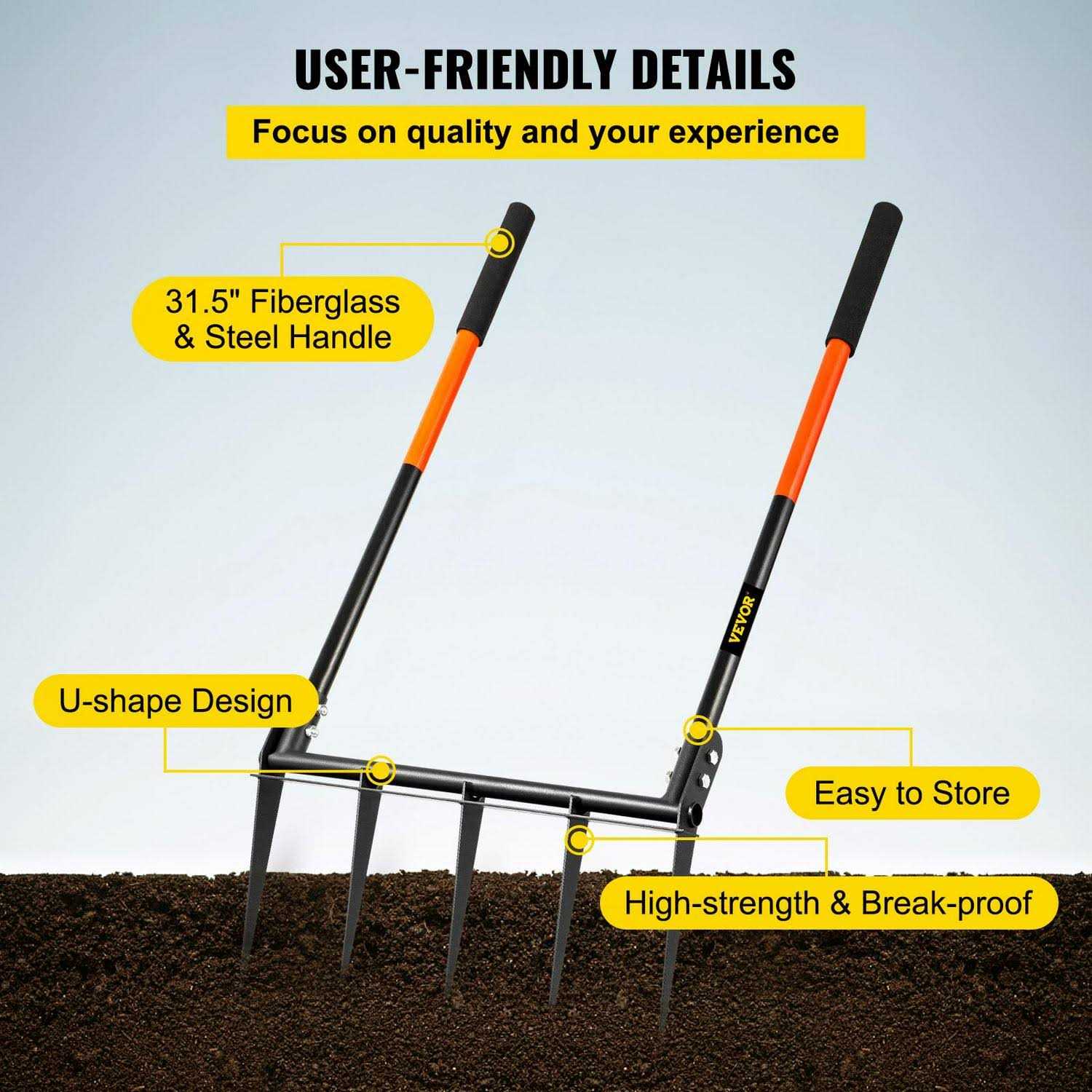 VEVOR Broad Fork Tool, 5 Tines 20 in Wide, Garden Tool with Fiberglass Handle for Gardening and Cultivating