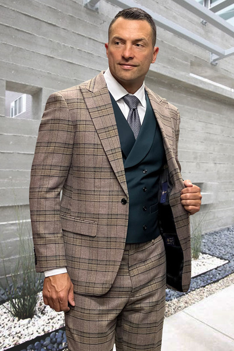 Men’s Vested One Button Peak Lapel Wool Suit in Jade Green & Brown Windowpane Plaid