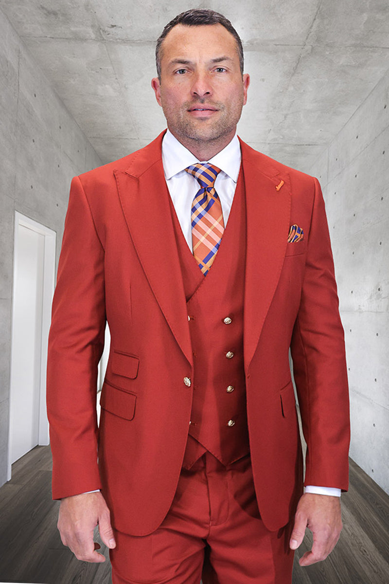 Men’s Designer Wool Vested One Button Peak Lapel Suit in Brick with Gold Buttons