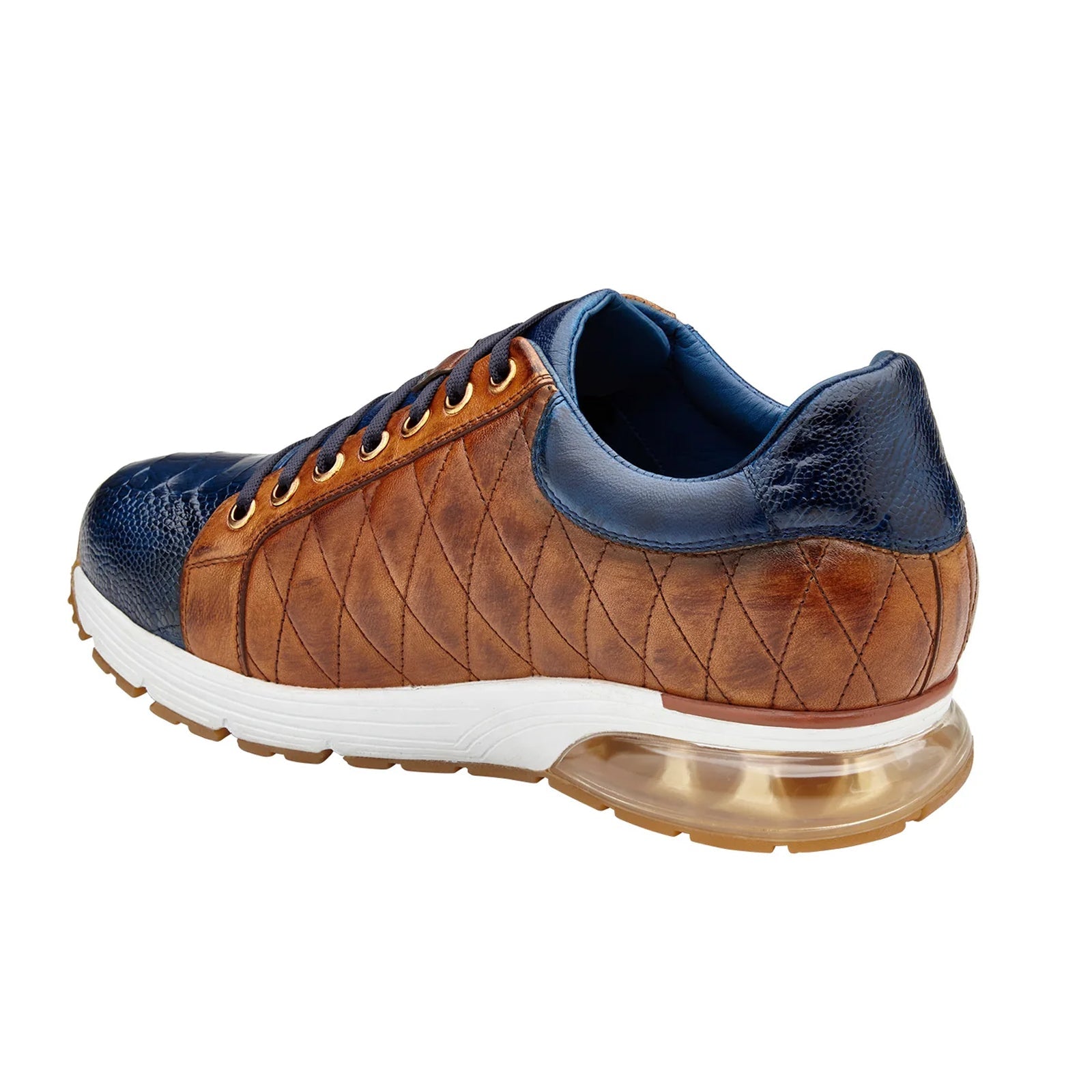 Men’s Belvedere Sacco Ostrich Leg & Quilted Calf Leather Dress Sneaker in Navy & Saddle Tan