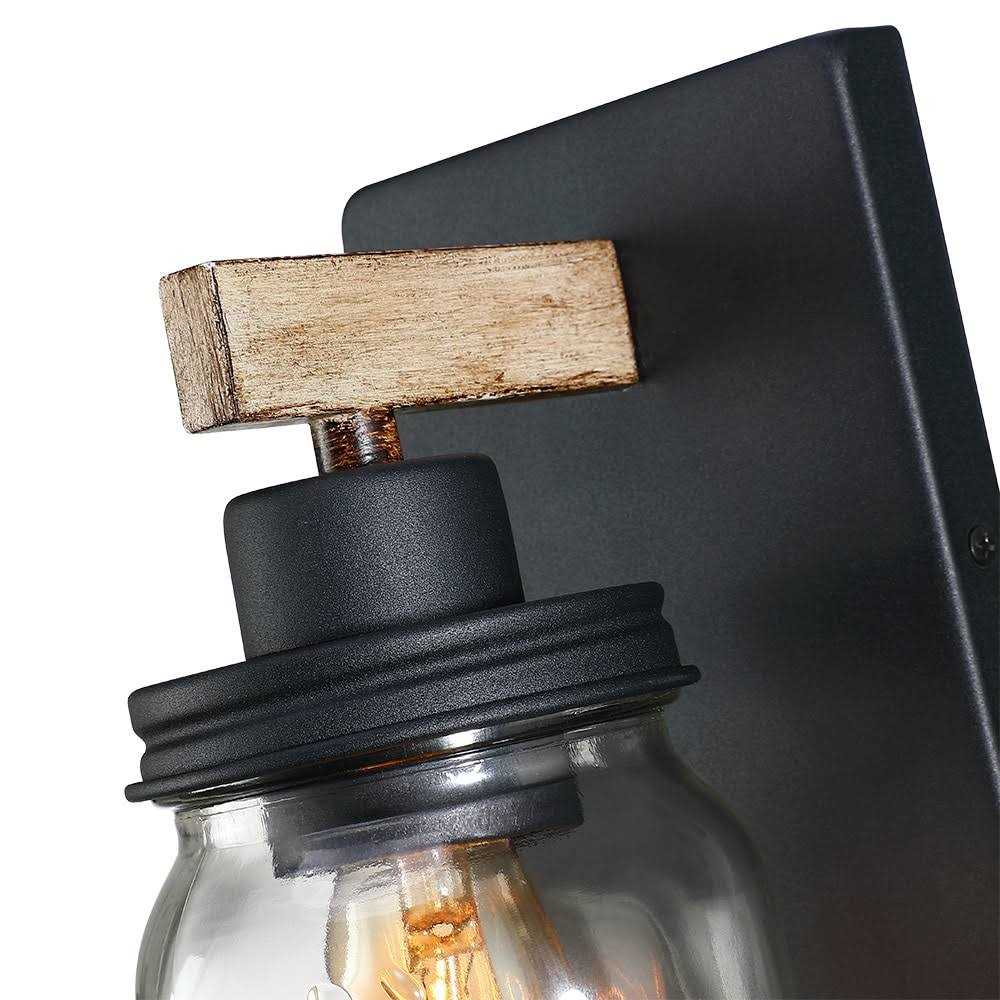 True Fine 1-Light Black/Wood Tone Rustic Farmhouse Wall Sconce with Clear Mason Jar Glass Shade