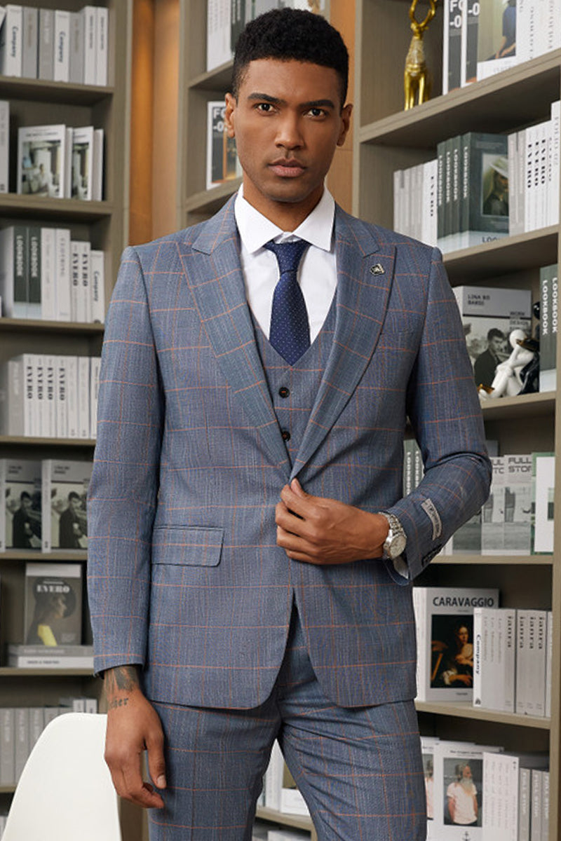 Men’s Stacy Adam’s One Button Vested Peak Lapel Suit in Navy Blue & Orange Windowpane Plaid
