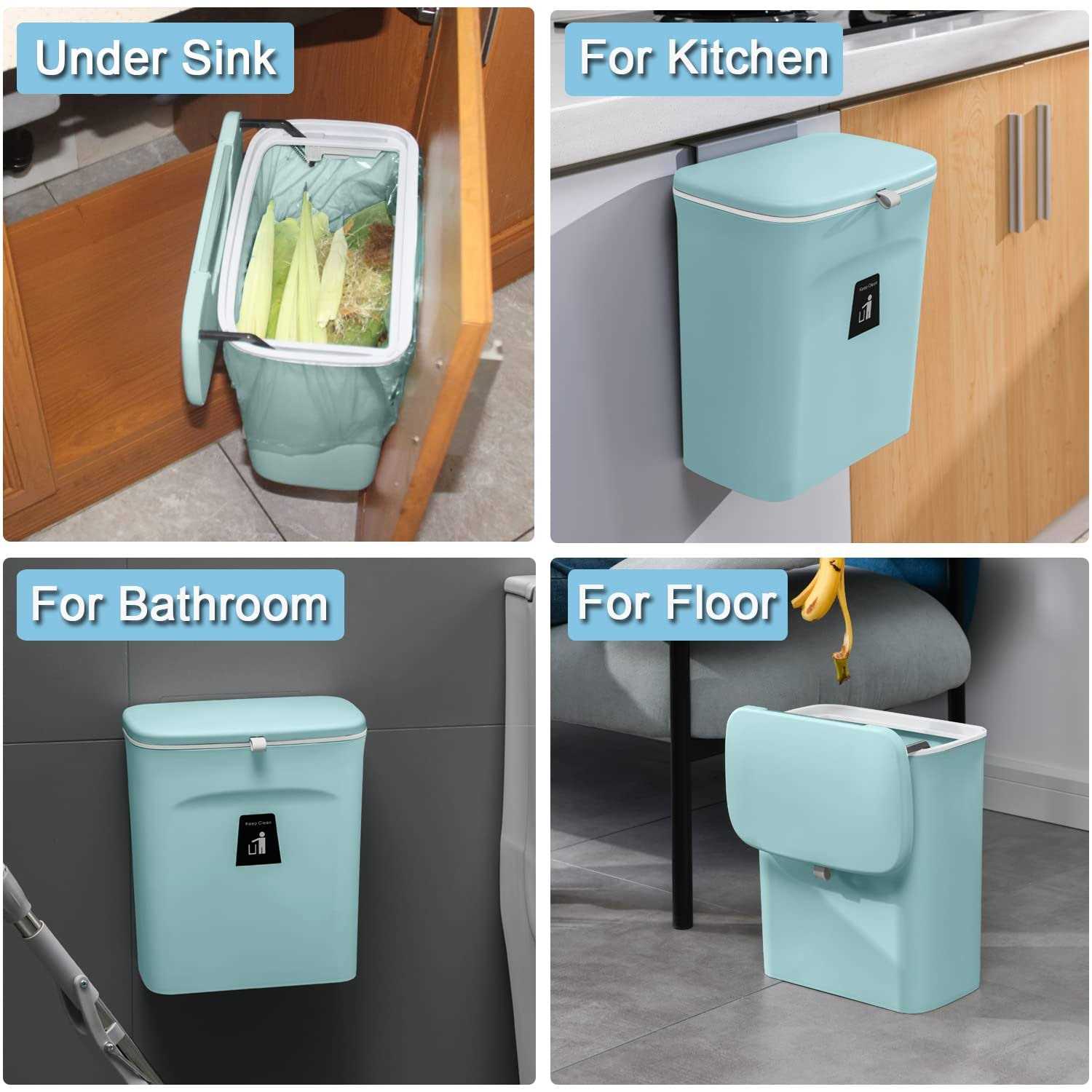 Tiyafuro 2.4 Gallon Kitchen Compost Bin for Counter Top or Under Sink Hanging Small Trash Can with Lid for Cupboard/bathroom/bedroom/office/camping