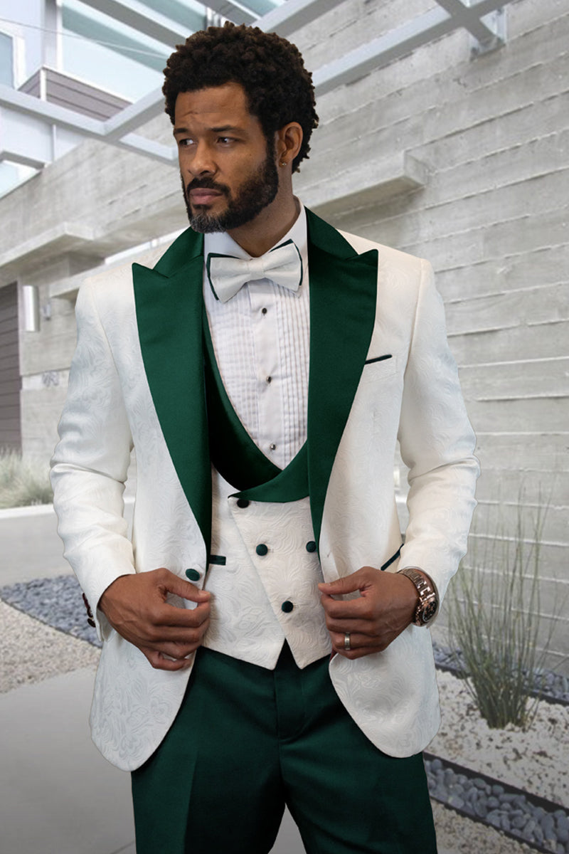 Men’s Designer Vested Contrast Peak Lapel Wool Wedding & Prom Tuxedo in White Paisley & Hunter Green