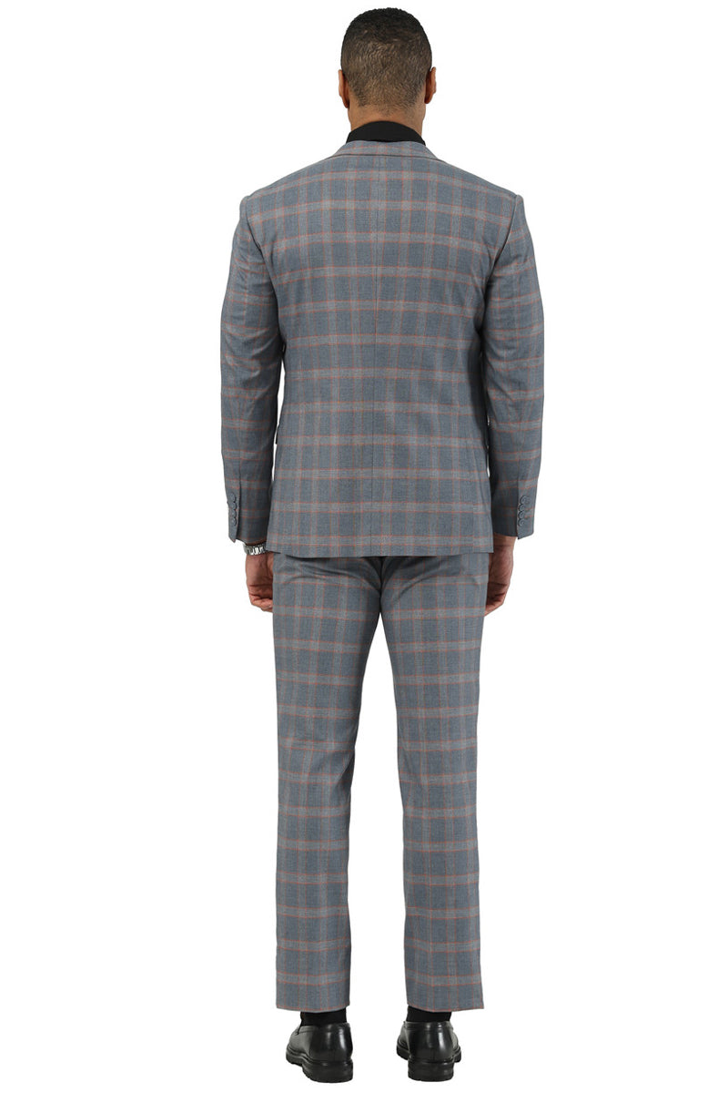 Men’s Designer Stacy Adams Vested Glen Plaid Suit in Grey & Orange