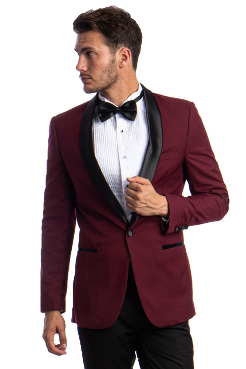 Men’s Skinny Fit One Button Shawl Prom Tuxedo in Burgundy