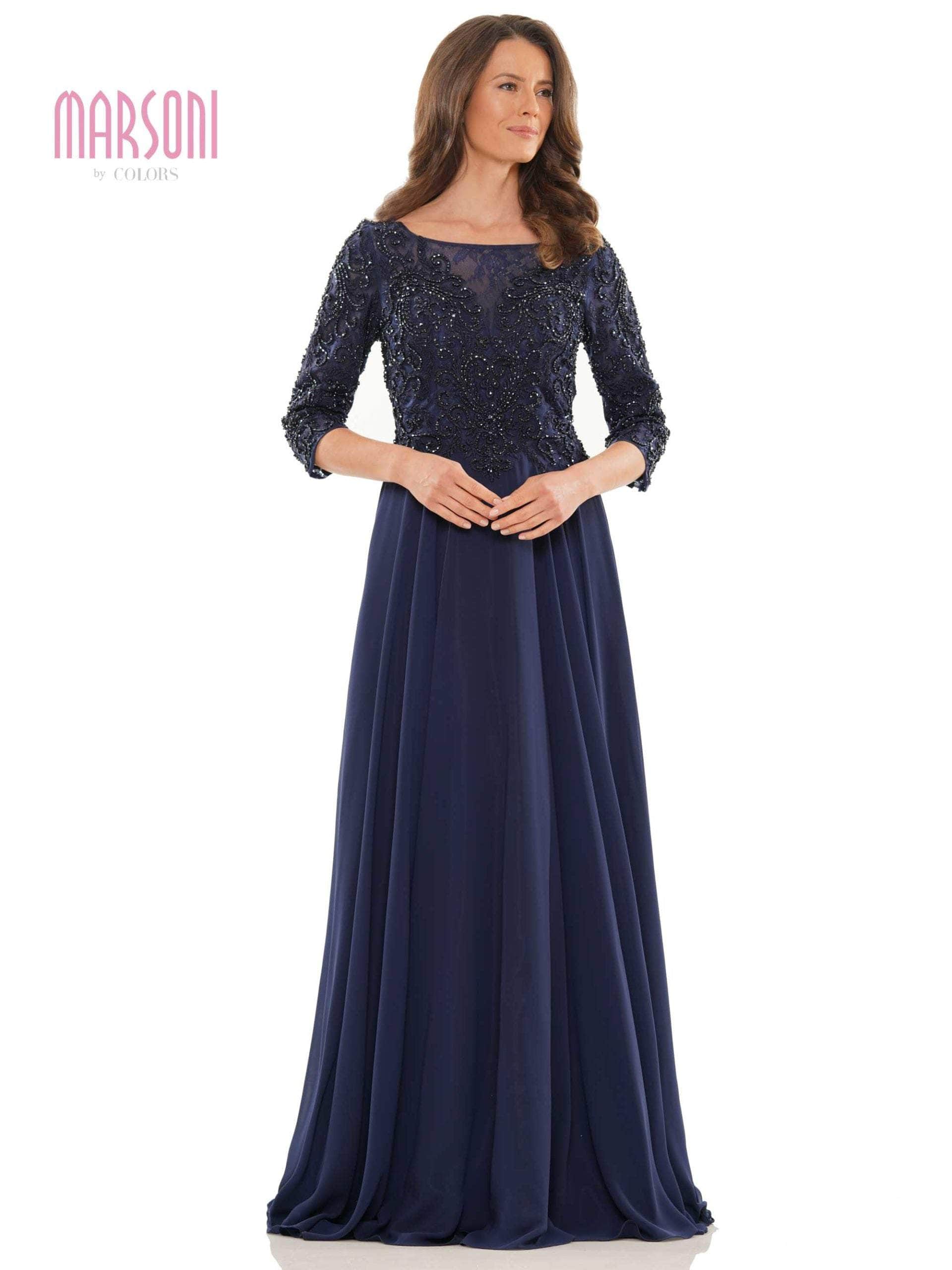 Quarter Sleeve Embroidered Lace Bodice A-Line Chiffon Gown MV1052