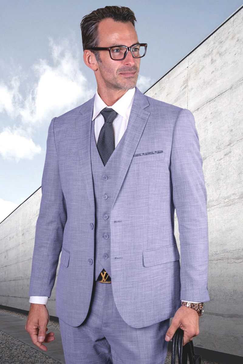 Men’s Designer Modern Fit Vested Wool Sharkskin Suit in Sky Blue