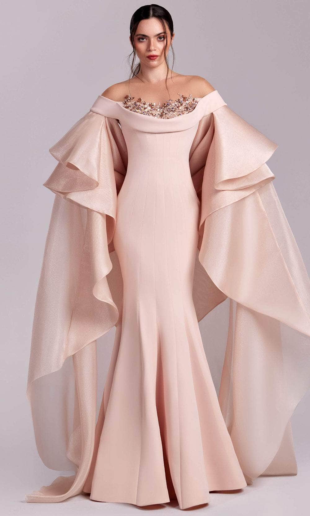 Ruffled Cape Sleeve Mermaid Evening Gown