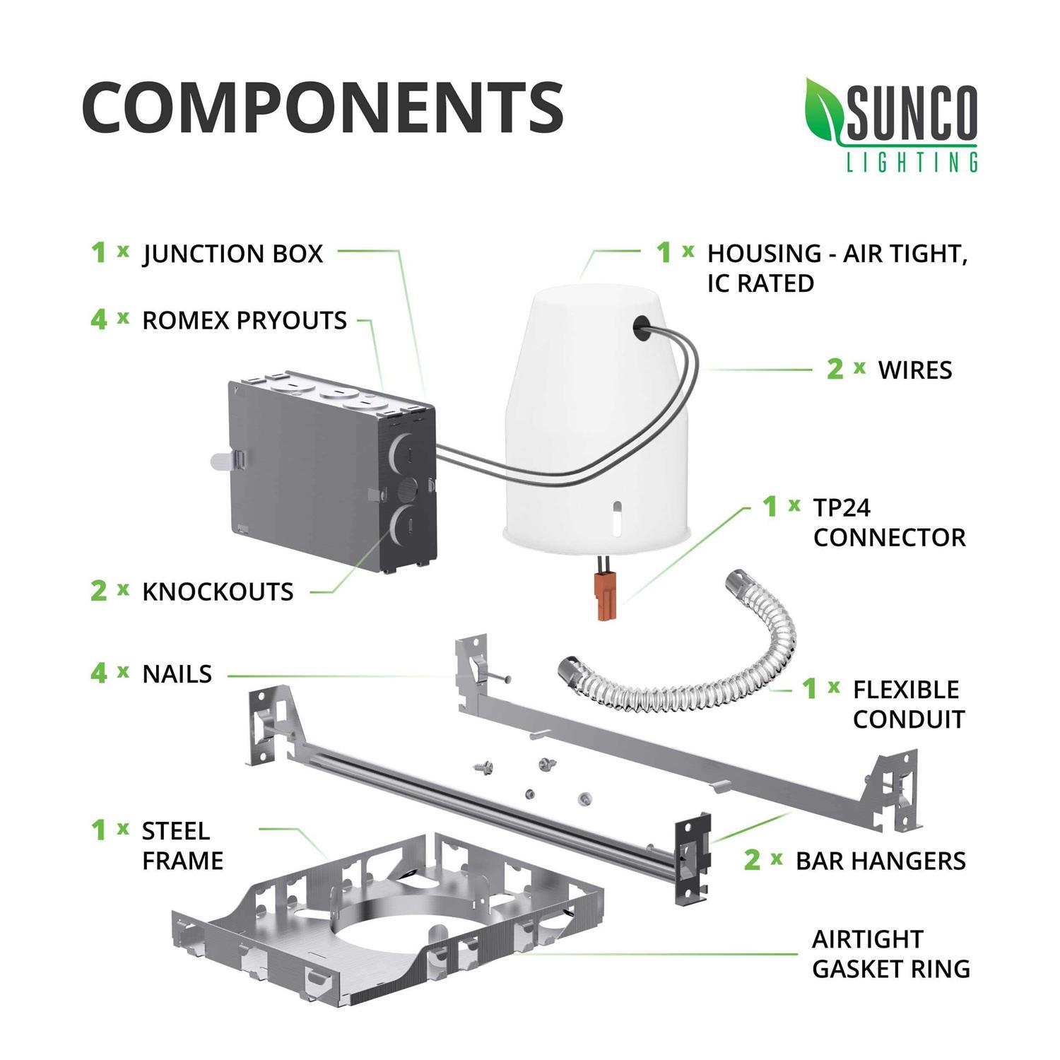 Sunco Lighting 6 Pack 4 Inch New Construction Housing Air Tight IC Rated Steel Can