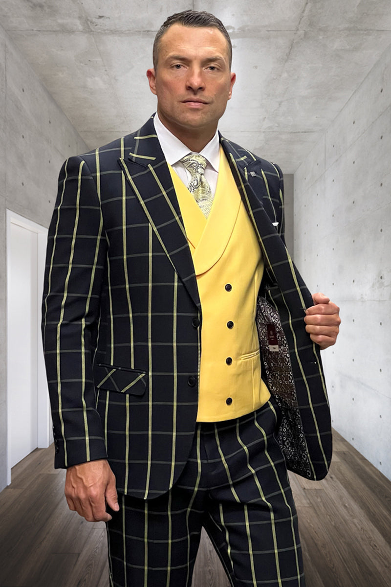 Men’s Designer One Button Peak Lapel Vested Wool Suit in Black & Yellow Bold Windowpane Plaid