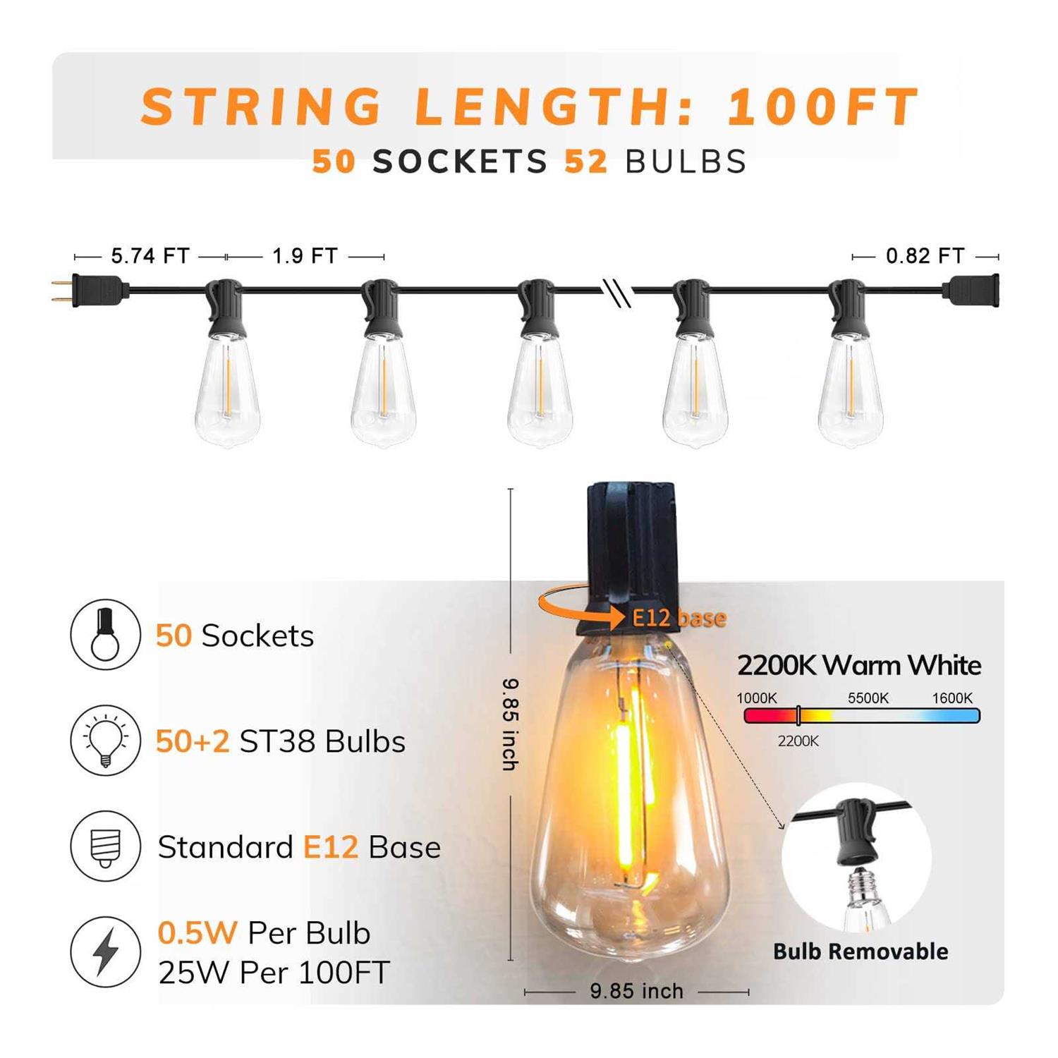 Achin Outdoor String Lights Vintage String Lights Shatterproof ST38 Bulbs LED Dimmable Patio Lights