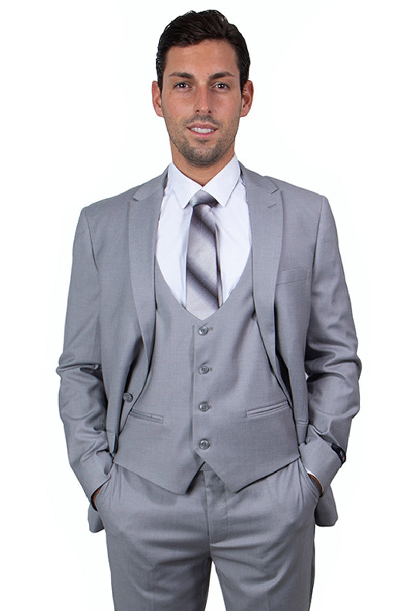 Men’s One Button Peak Lapel Skinny Wedding & Prom Suit with Lowcut Vest in Light Grey