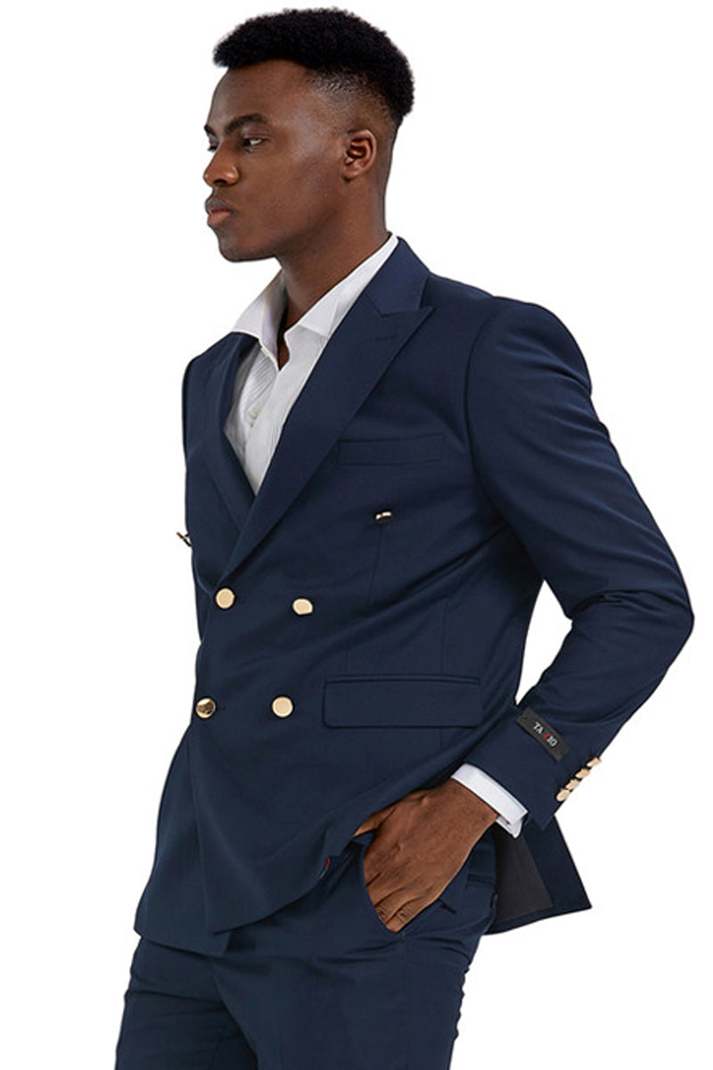 Men’s Slim Fit Double Breasted Wedding Suit with Gold Buttons in Navy Blue