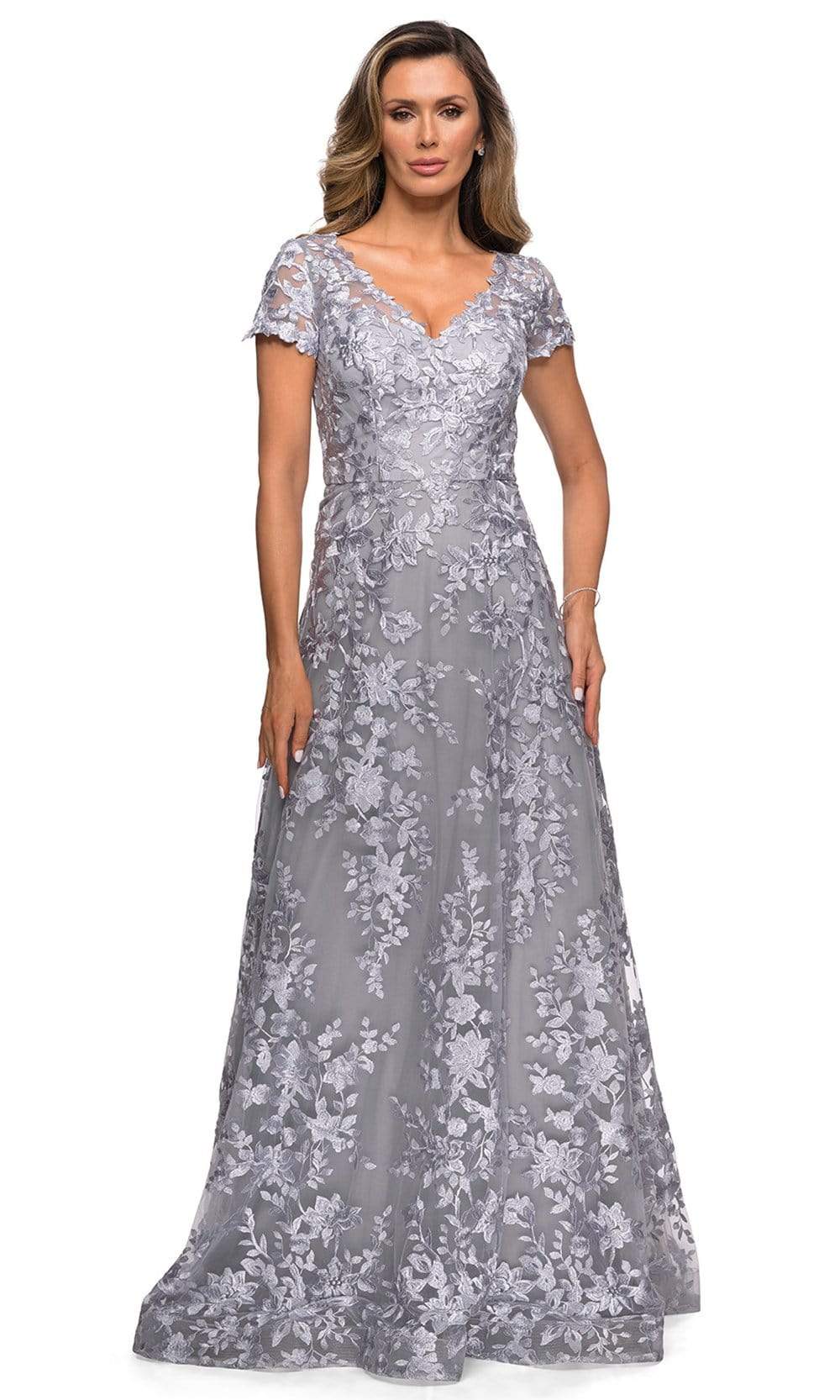 27870 Short Sleeve Lace Overlaid A-Line Dress