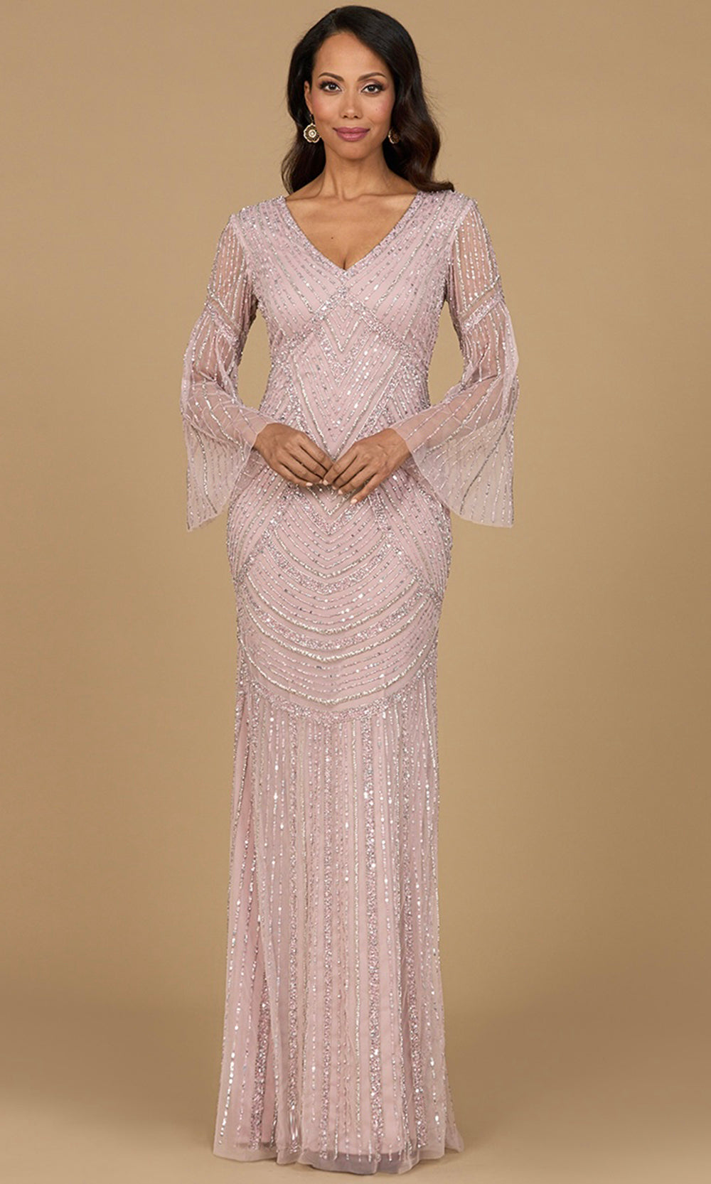 Geometric Beaded Bell Sleeve Formal Dress