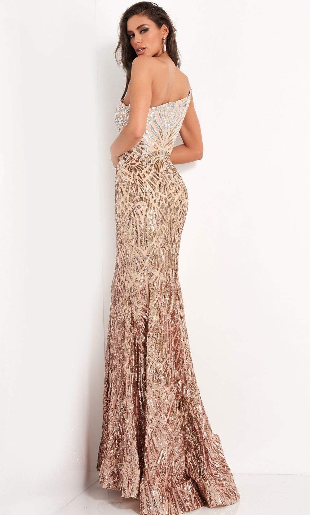 06469 Sequined Modest Prom Trumpet Dress