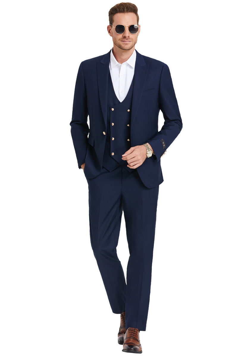 Men’s One Button Peak Lapel Vested Suit with Gold Buttons in Navy Blue