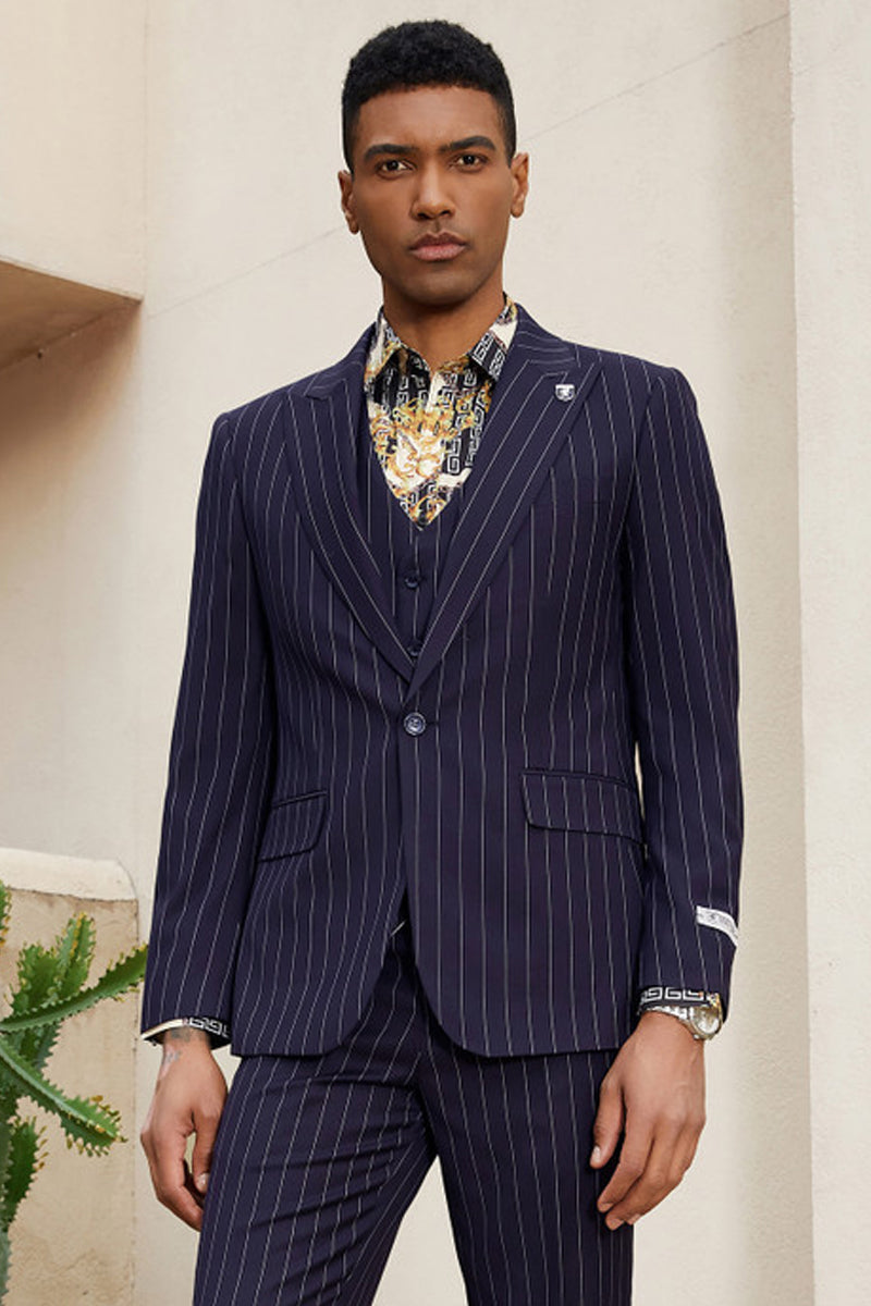 Men’s Stacy Adam’s One Button Vested Modern Suit in Midnight Navy Blue Pinstripe