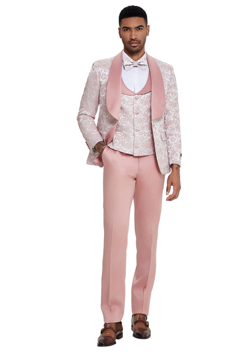 Men’s Designer Wedding & Prom Shawl Lapel Vested Paisley Tuxedo in Pink