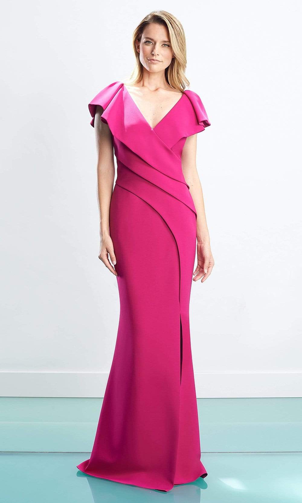 1456 Cap Sleeves V-Neck Trumpet Gown With Slit