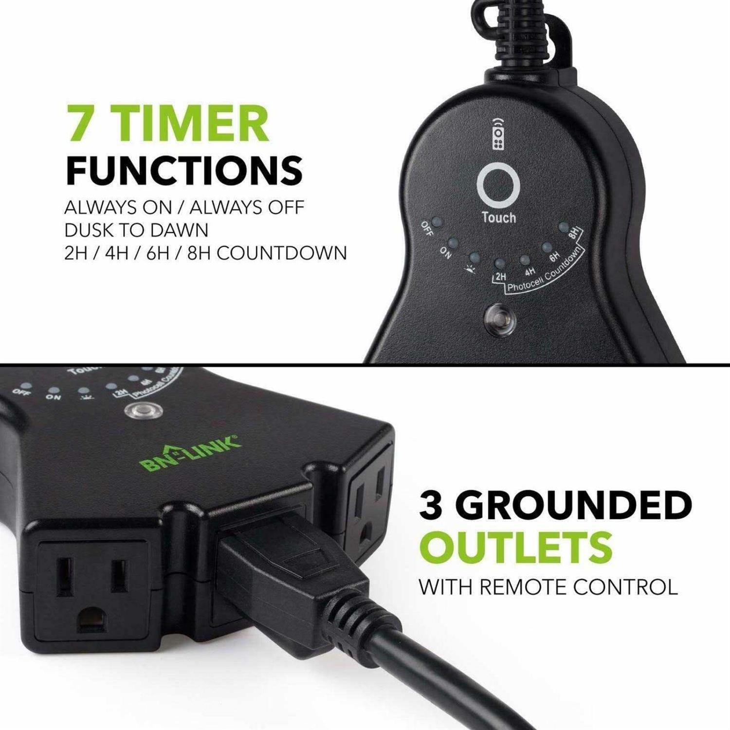 BN-LINK Outdoor 24-Hour Water Resistant Photoelectric Countdown Timer Photocell Light Sensor 3 Grounded Outlets