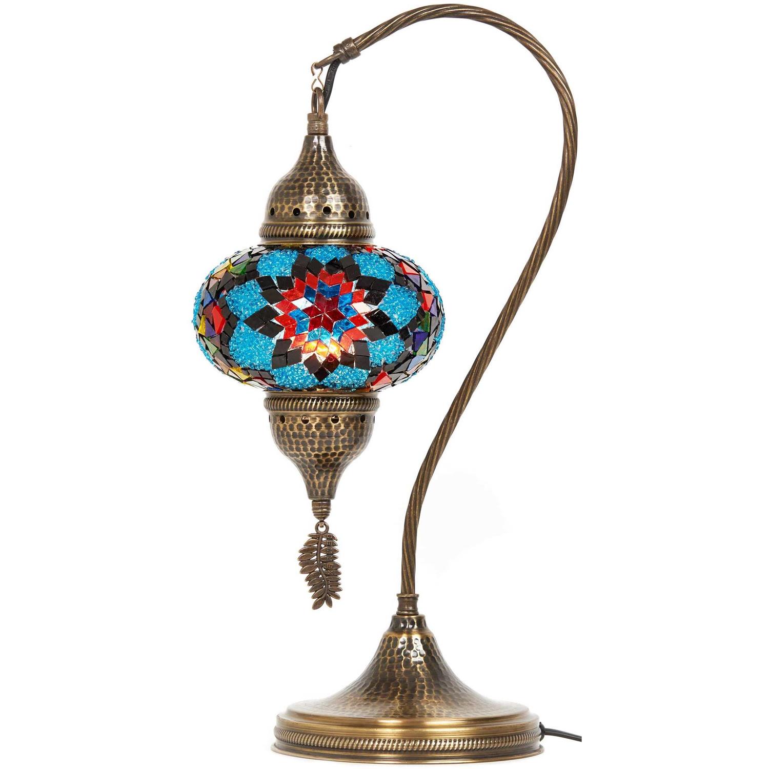 Turkish Moroccan Tiffany Style Handmade Colorful Mosaic Table Desk Bedside Night Swan Neck Lamp Light Lampshade with Metal Body and Hanging Metal
