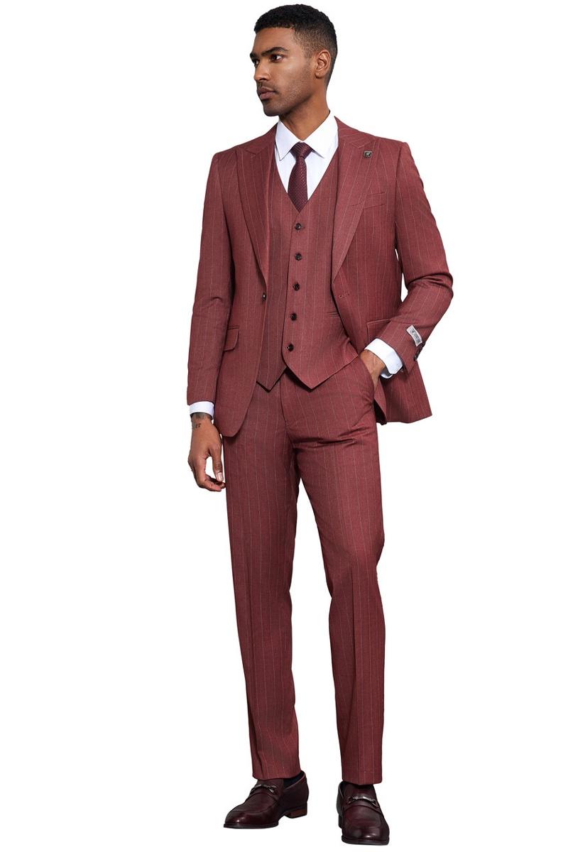 Men’s Stacy Adams One Button Peak Lapel Vested Suit in Burgundy Pinstripe