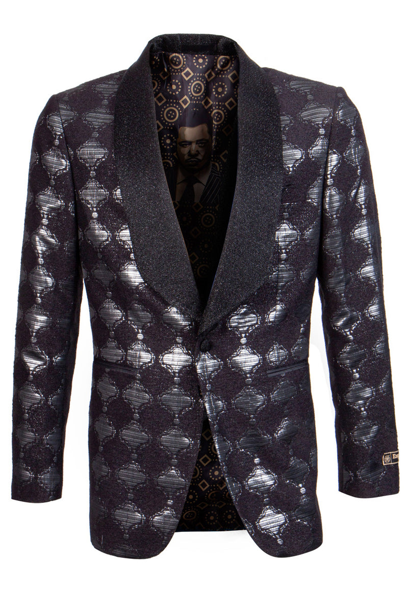 Men’s Brocade Print Glitter Shawl Lapel Tuxedo Blazer in Black & Silver